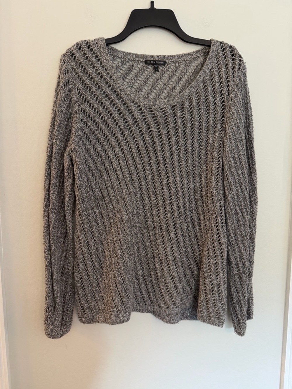 Eileen Fisher Open Knit Cotton Sweater Size Large Gray Lightweight Pullover